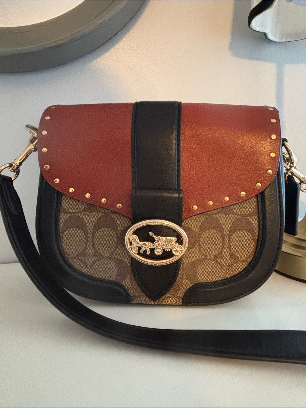 Coach Georgie Saddle Bag in colorblock signature canvas and leather